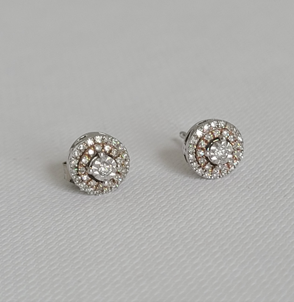 Sterling Silver Rose Gold Solitaire Double Halo Luxury Round Stud Earrings